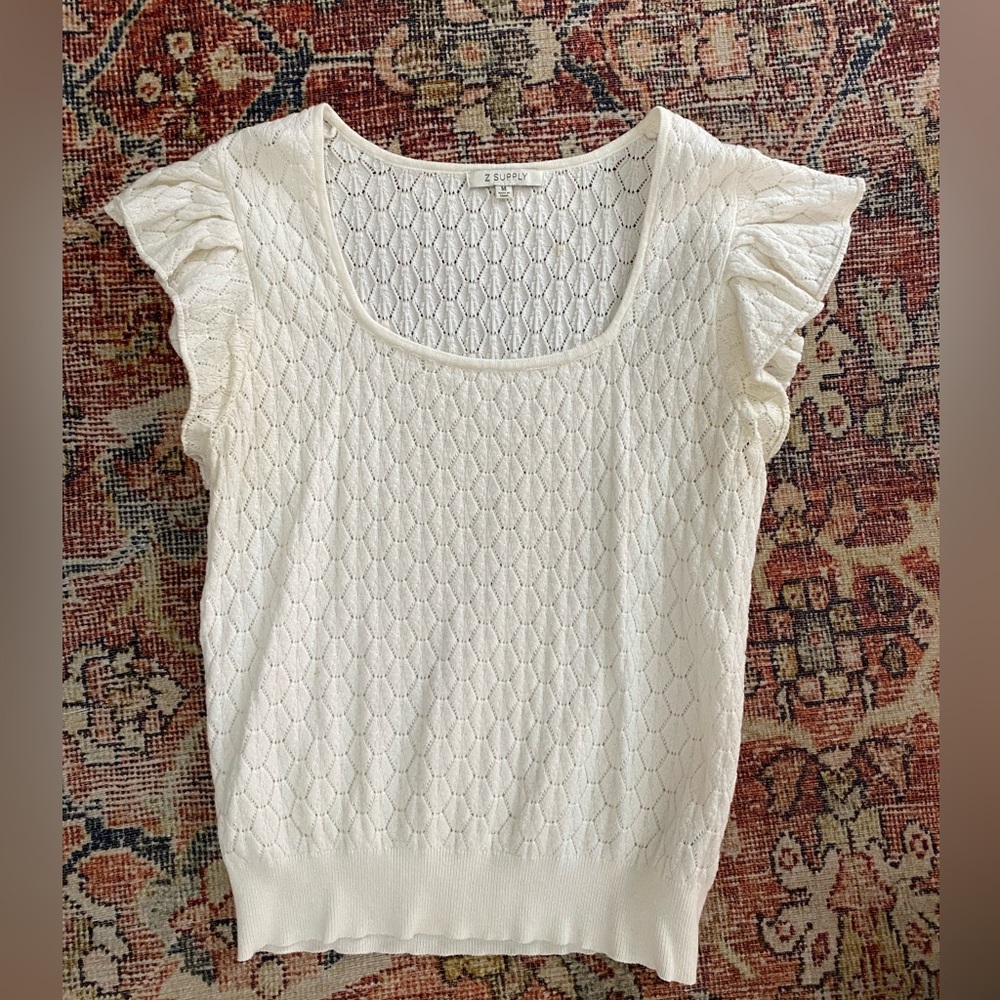 Z supply cotton blend flutter sleeve crochet top
